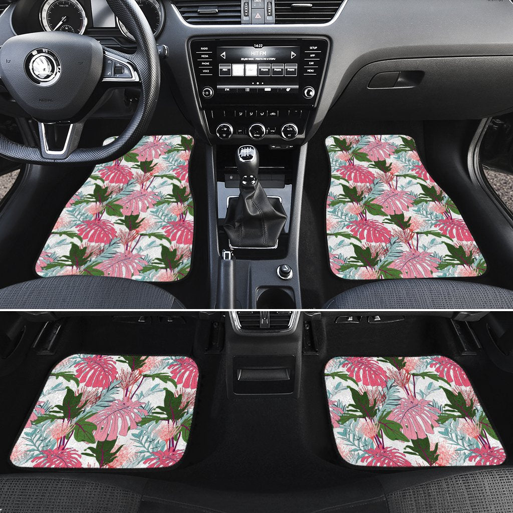 Pink Monstera And Green Tropical Leaves White Hawaii Car Floor Mats Pink One Size - Polynesian Pride