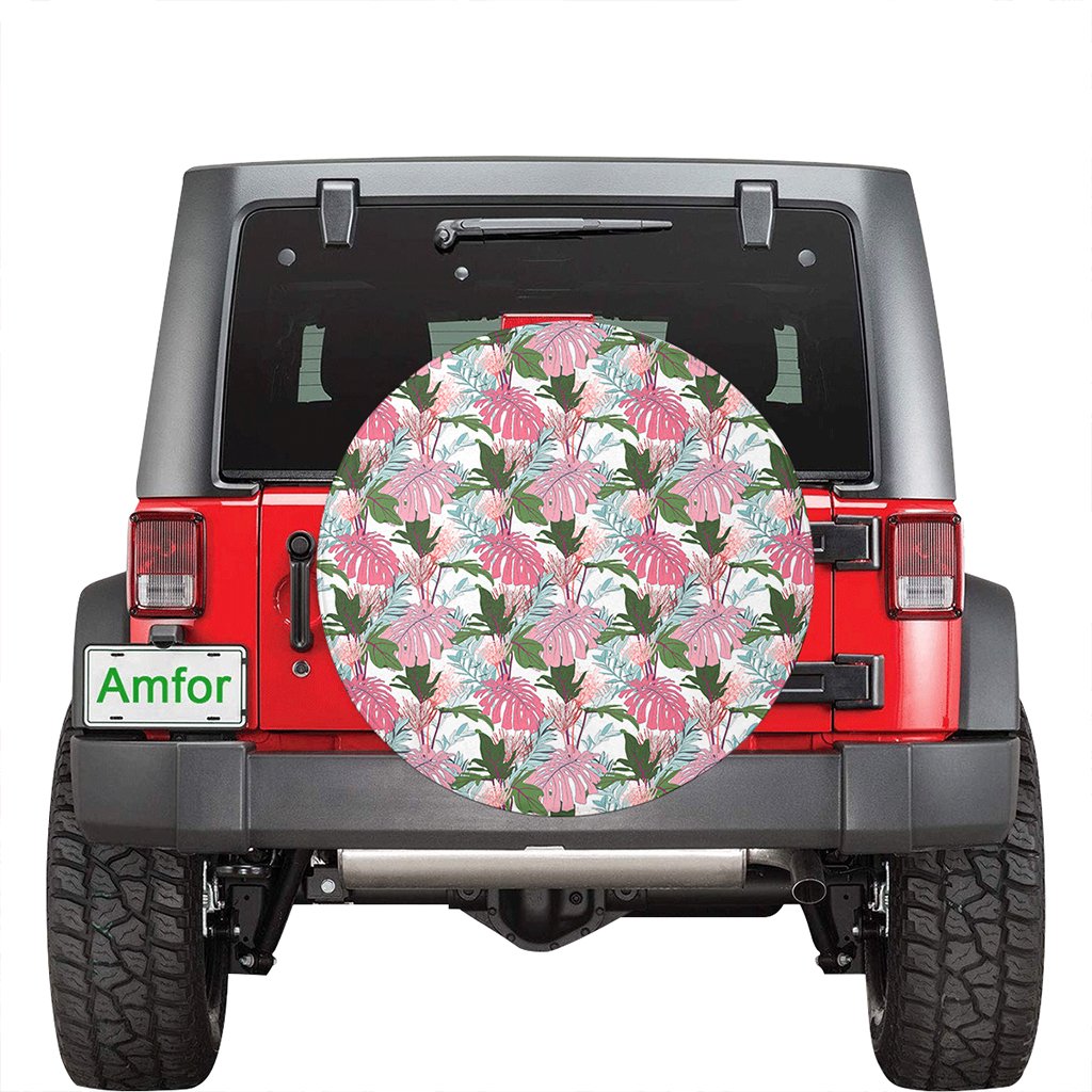 Pink Monstera And Green Tropical Leaves White Hawaii Spare Tire Cover - Polynesian Pride