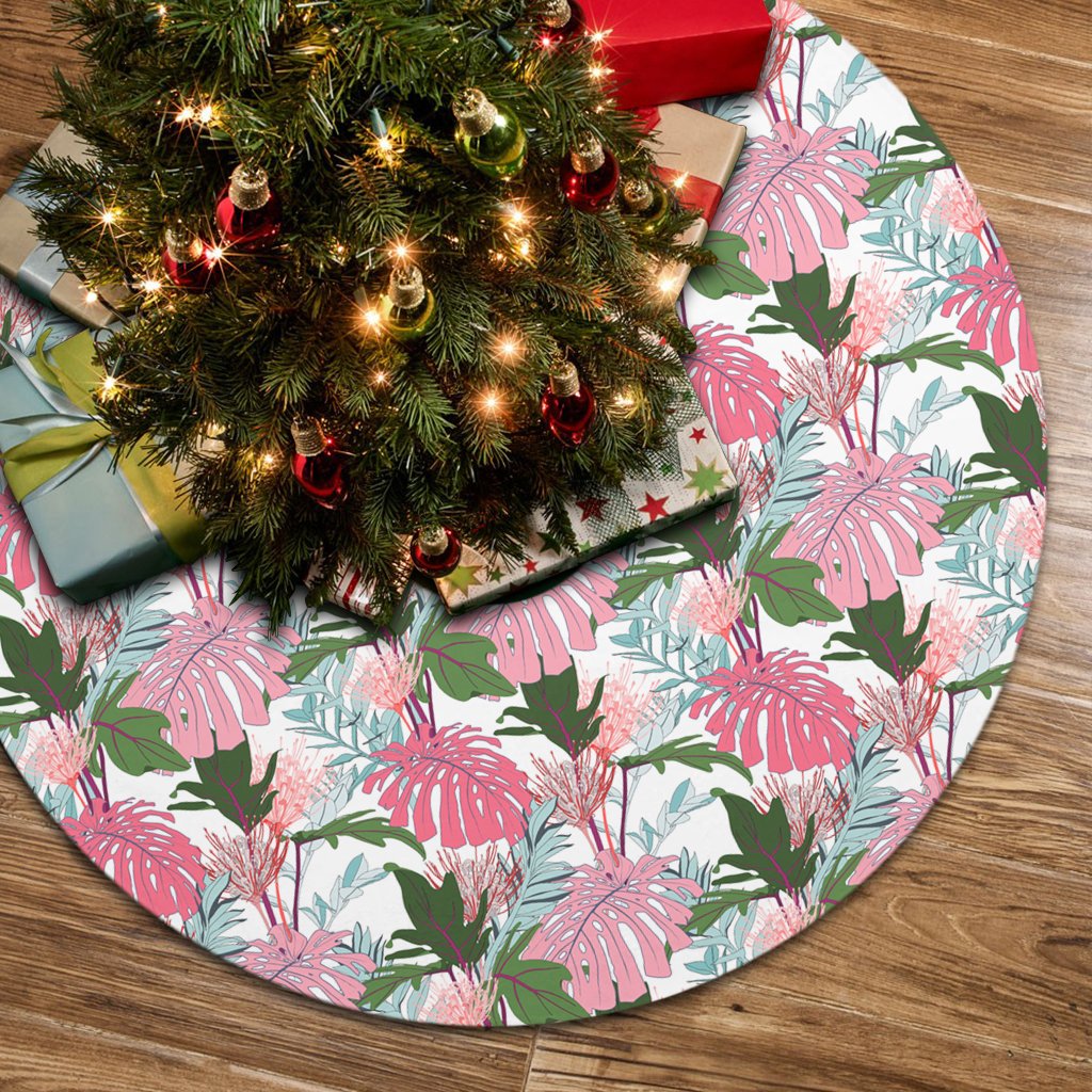 Pink Monstera And Green Tropical Leaves White Tree Skirt - Polynesian Pride