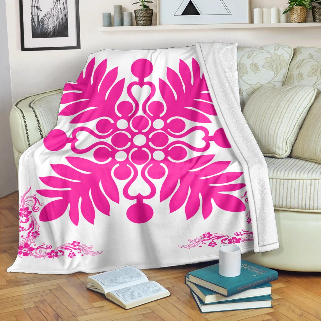 Hawaiian Quilt Maui Plant And Hibiscus Premium Blanket - Pink White - AH White - Polynesian Pride