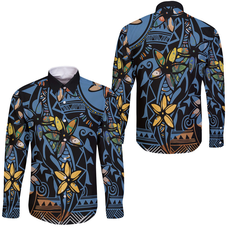 Plumeria Curve Polynesian Hawaii Long Sleeve Button Shirt LT9 Unisex Blue - Polynesian Pride