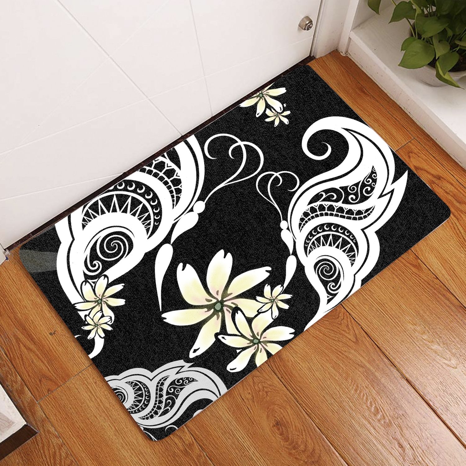 Plumeria Butterfly Door Mat AH Door Mat Black - Polynesian Pride