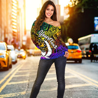 Pohnpei Custom Personalised Women's Off Shoulder Sweater - Rainbow Polynesian Pattern - Polynesian Pride