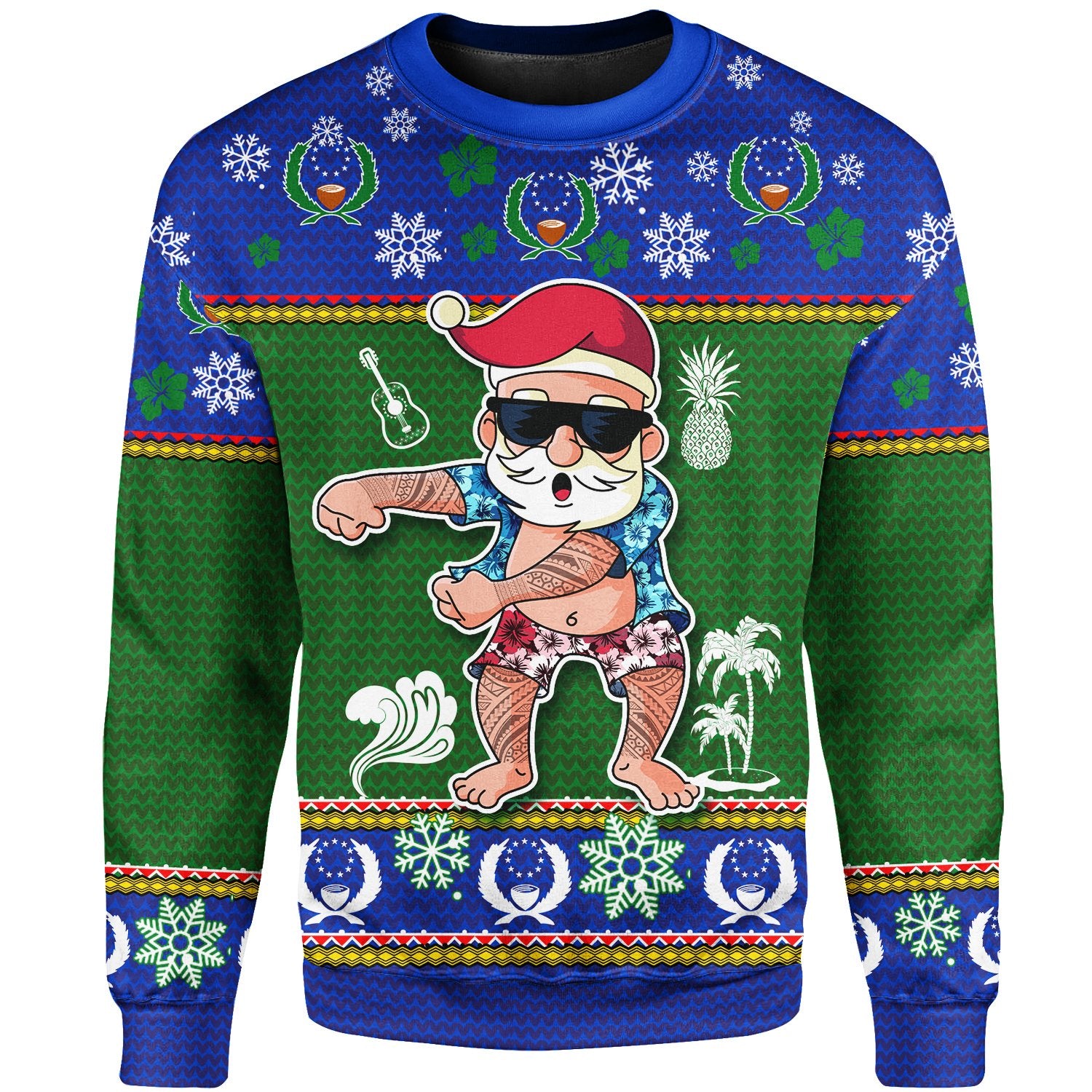 Pohnpei Christmas Sweater - Santa Claus Polynesian Tattoo Unisex Blue - Polynesian Pride