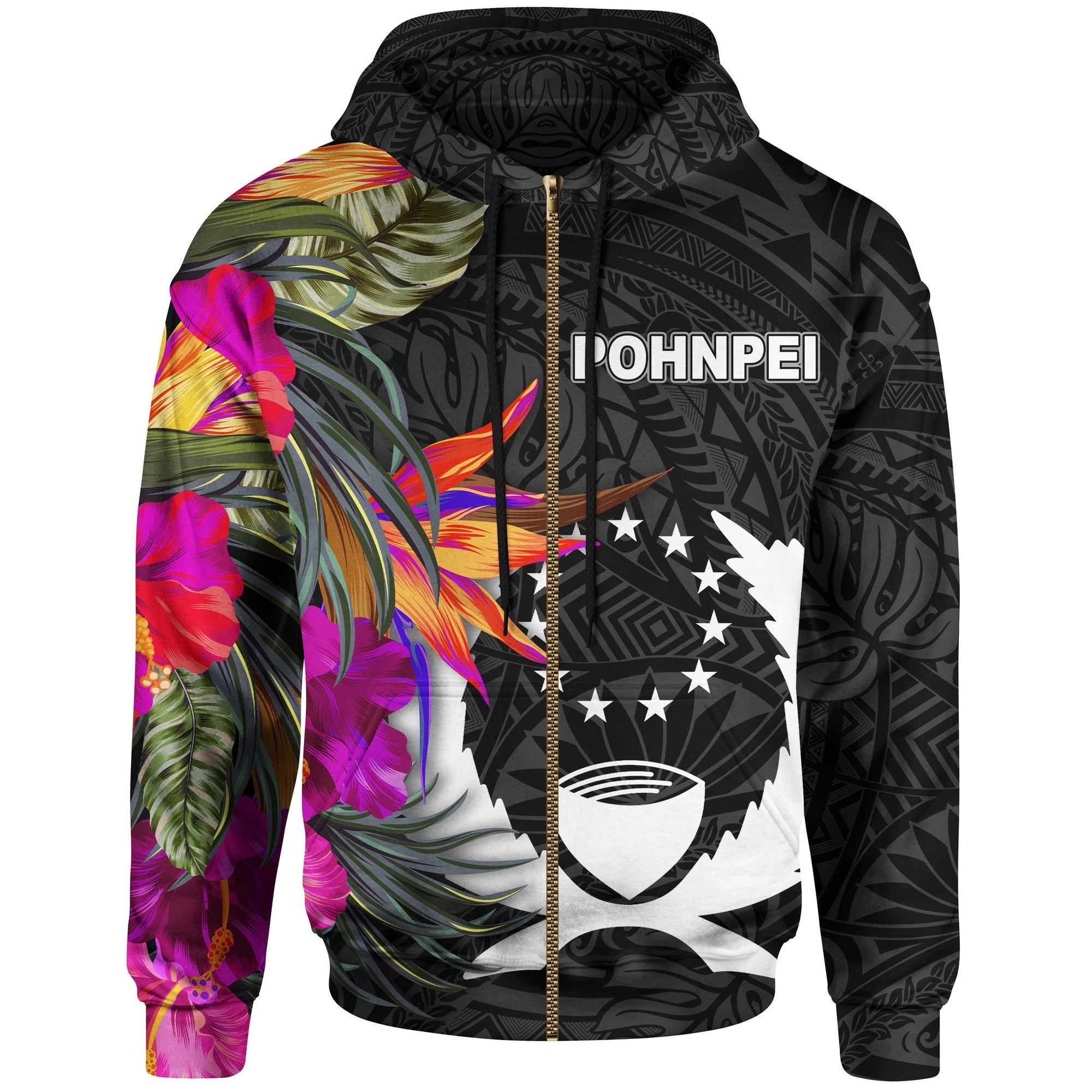 Pohnpei Zip up Hoodie Hibiscus Polynesian Pattern Unisex Black - Polynesian Pride