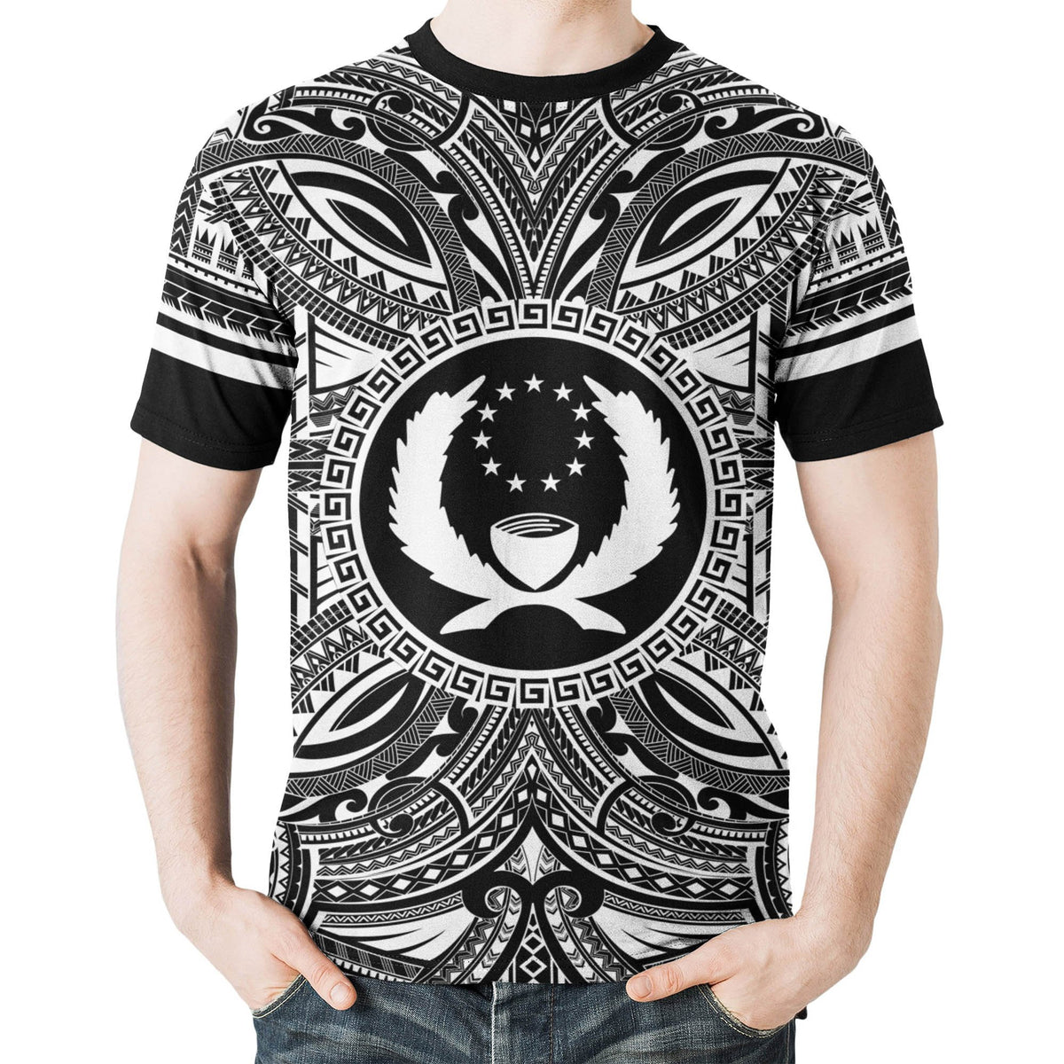 Pohnpei All T Shirt Pohnpei Coat Of Arms Polynesian White Black - Polynesian Pride