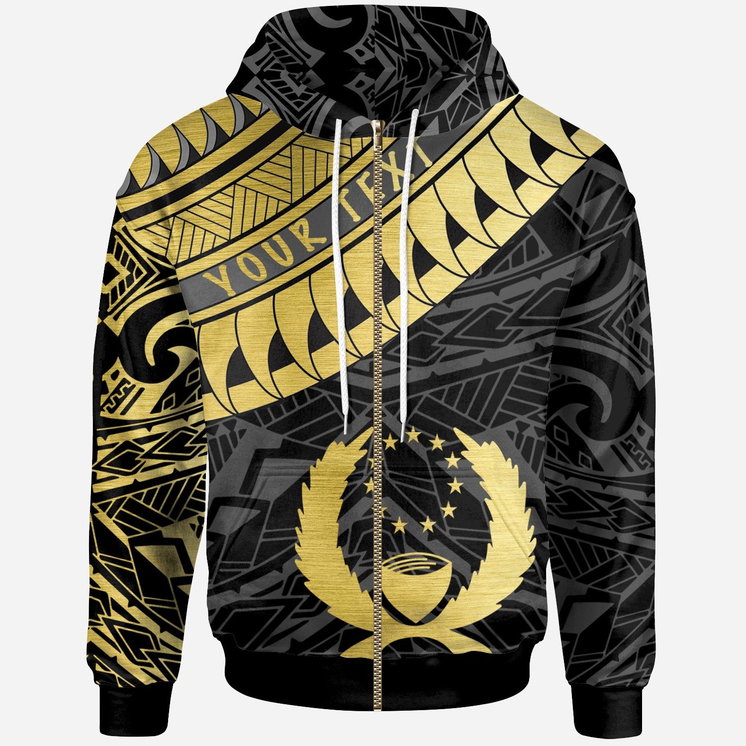 Pohnpei Custom Zip Hoodie Ginger Lei Pattern Gold Unisex Black - Polynesian Pride