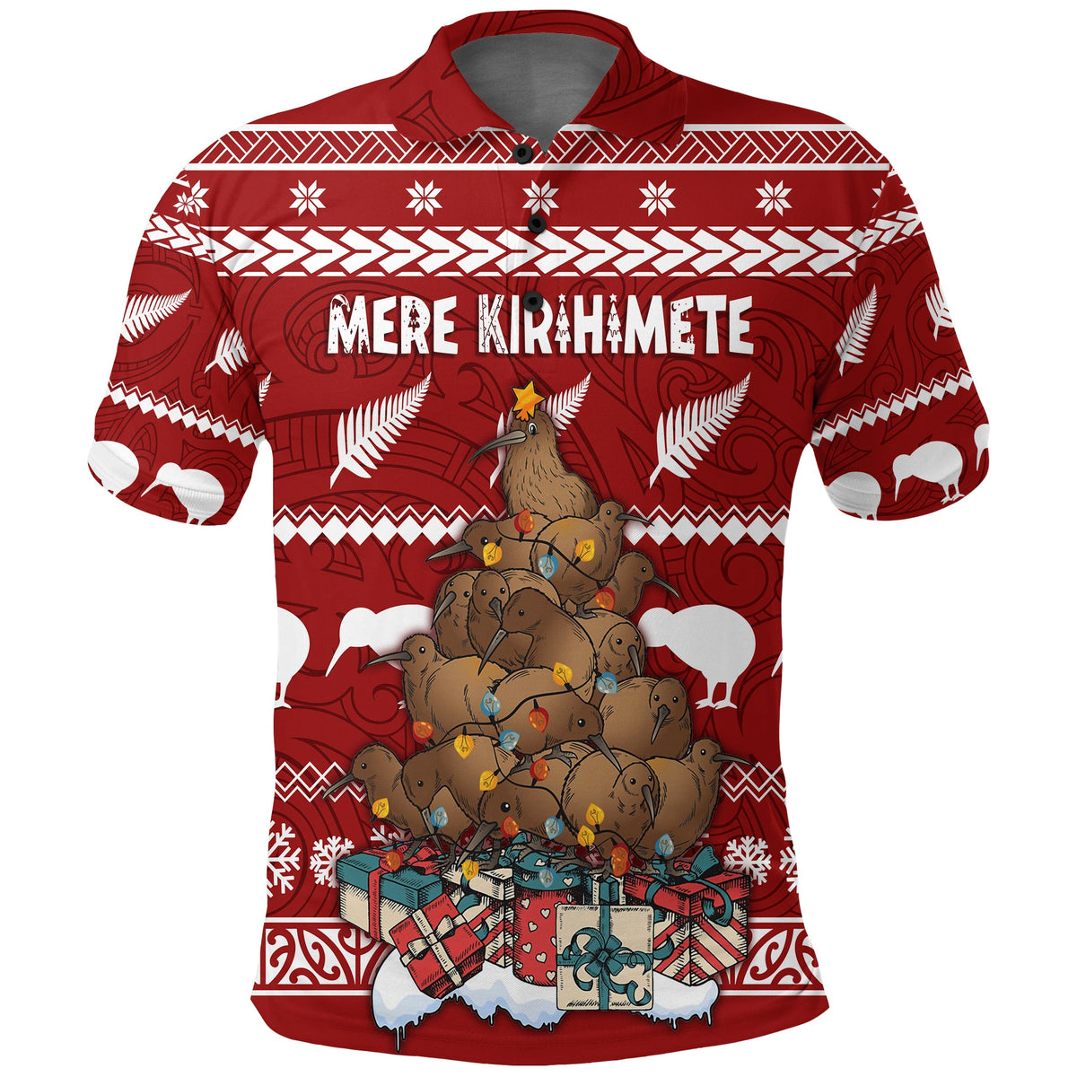 New Zealand Polo Shirt Mere Kirihimete Kiwi Xmas Tree LT7 Red - Polynesian Pride