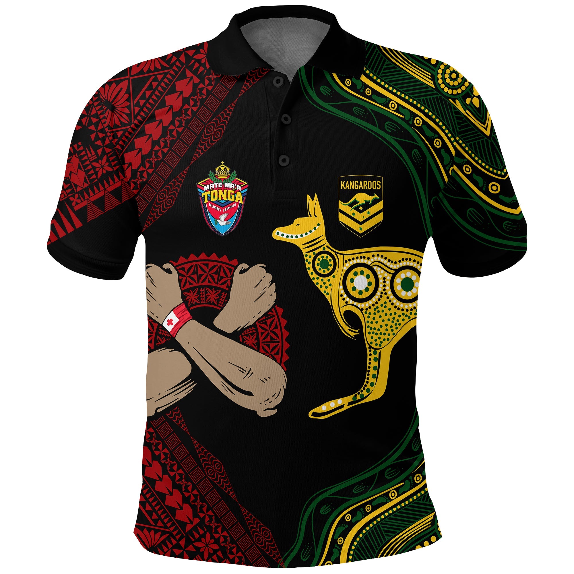 Custom Aussie Kangaroos Mix Mate Maa Tonga Polo Shirt Aboriginal with Kupesi LT7 Black - Polynesian Pride