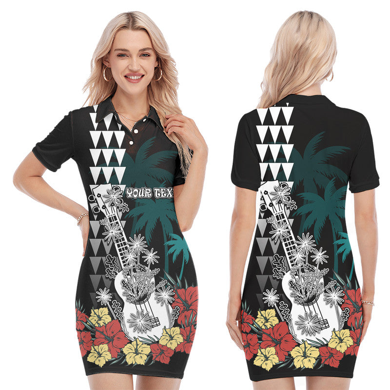 (Custom Personalised) Hawaii Ukulele Mix Hibiscus and Coconut Tree Polo Dress Aloha Vintage Black Version LT9 Black - Polynesian Pride