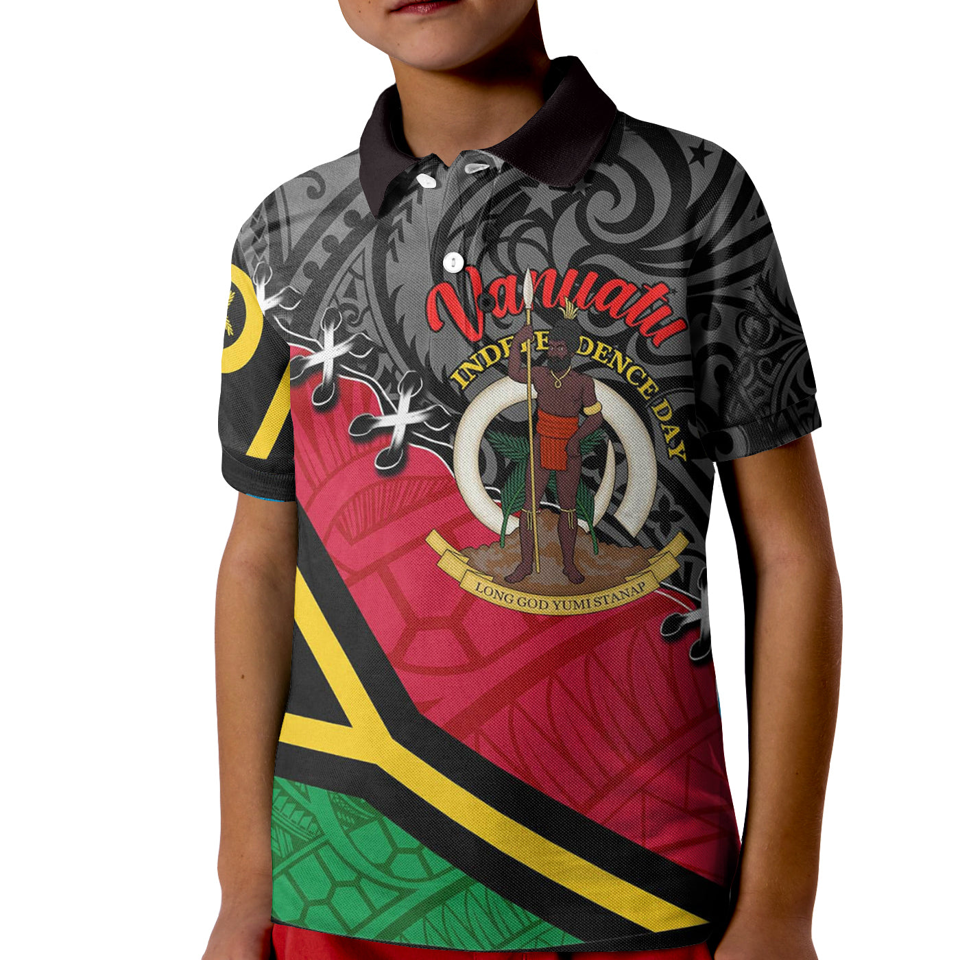 Vanuatu Polo Shirt KID - Custom Vanuatu Independence Anniversary with Coat of Arms and Polynesian RLT7 Kid Black - Polynesian Pride