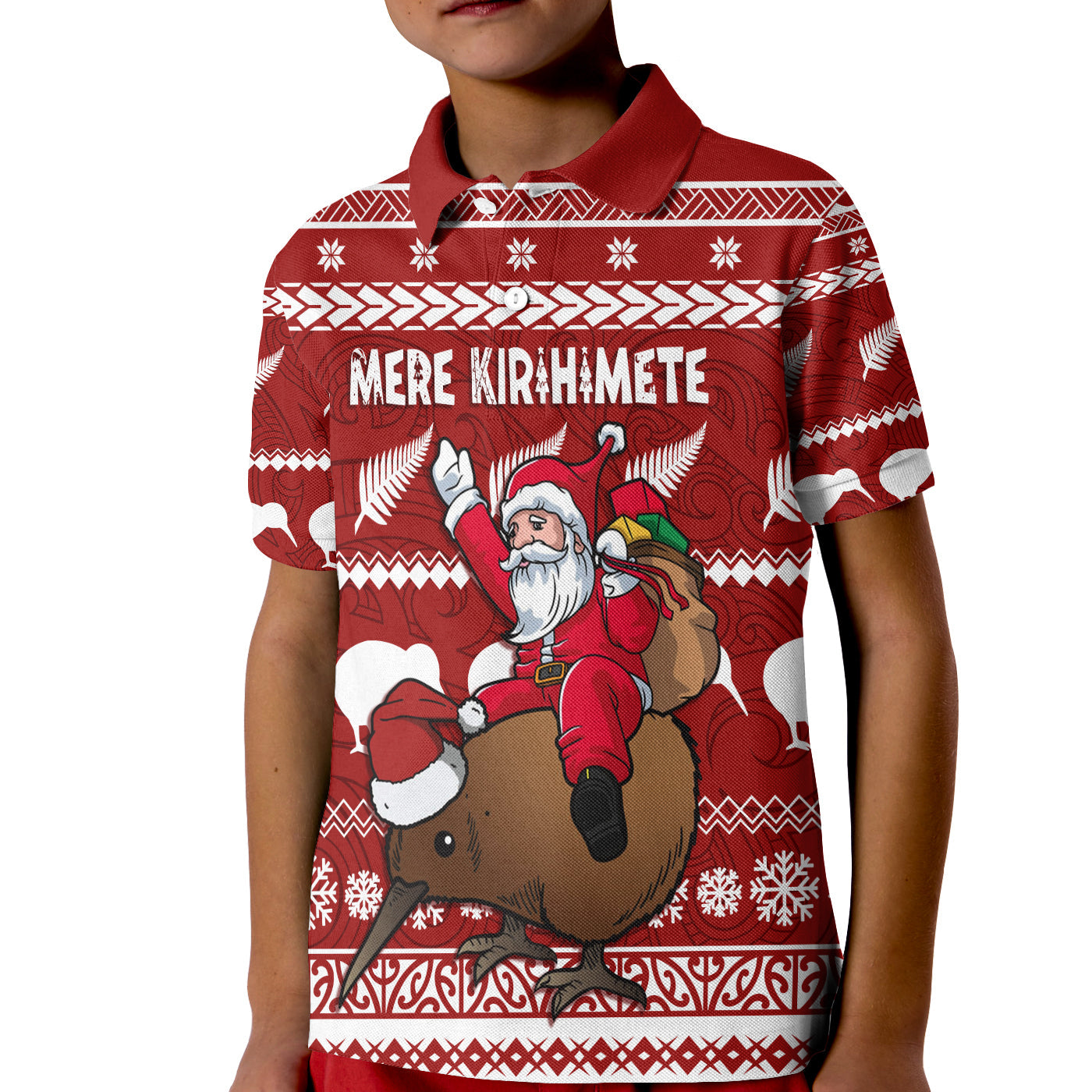 New Zealand Xmas Polo Shirt KID Mere Kirihimete - Santa With Kiwi Bird LT7 Kid Red - Polynesian Pride