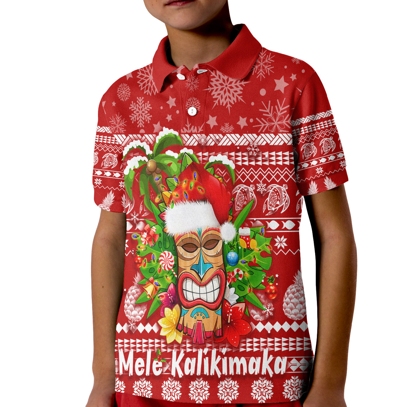 Hawaii Christmas Polo Shirt KID Mele Kalikimaka - Tiki LT7 Kid Red - Polynesian Pride
