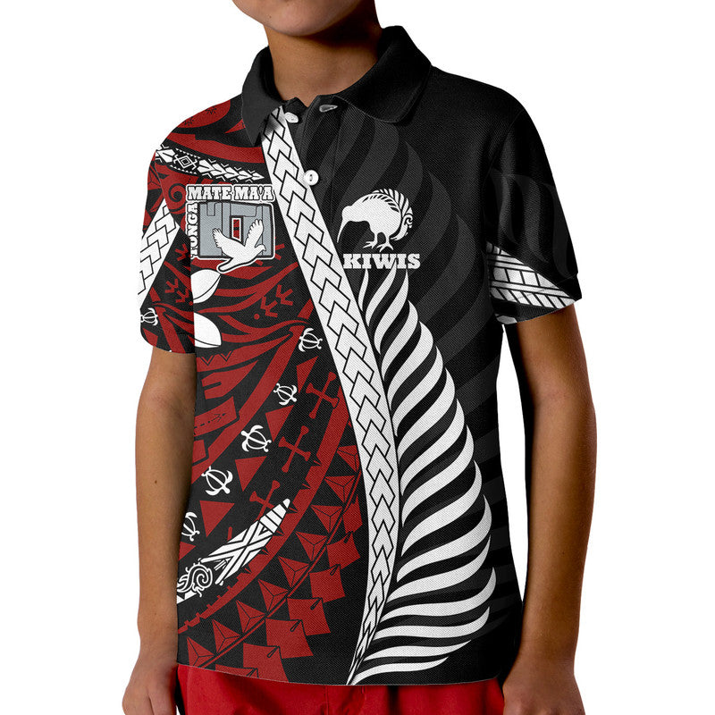 Custom Mate Maa Tonga Mixed Aotearoa Kiwis Rugby Polo Shirt Silver Fern Mixed Polynesian Style LT9 Kid Black - Polynesian Pride