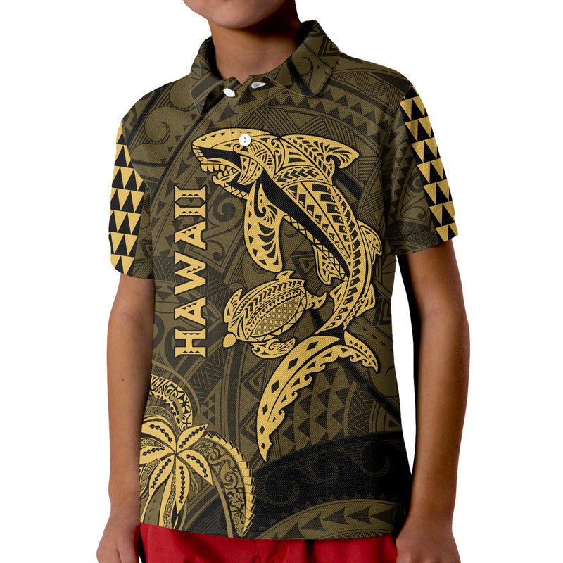 Hawaii Polo Shirt Shark and Turtle Mix Kakau Gold LT9 - Polynesian Pride
