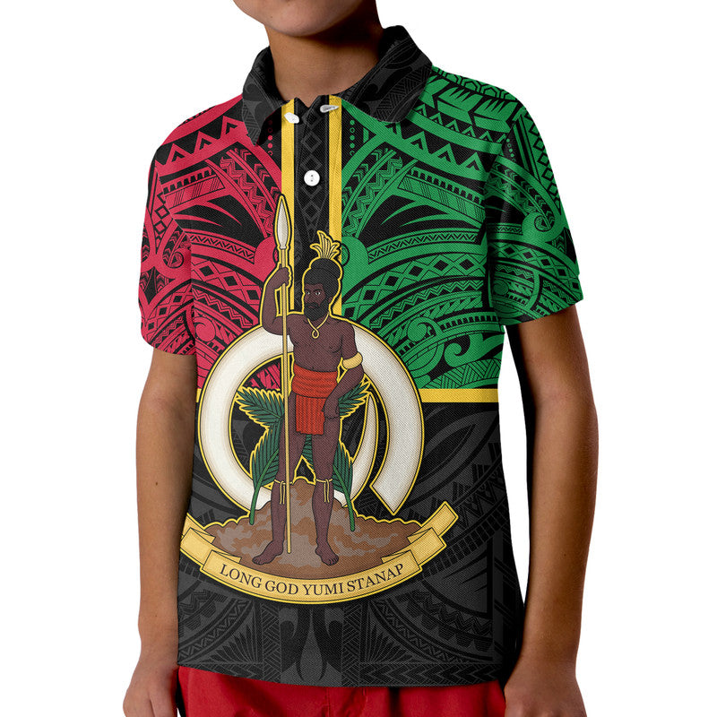 Vanuatu Kid Polo Shirt Tribal Vanuatu Coat Of Arms Flag Style No2 LT9 Kid Black - Polynesian Pride