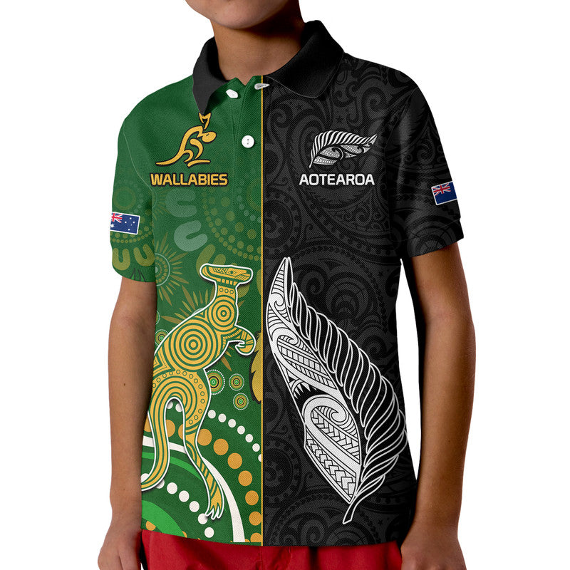 Aotearoa Rugby All Black Combine Australia Wallabies Kid Polo Shirt Aboriginal Kangaroo And Maori Fern LT9 Kid Black - Polynesian Pride