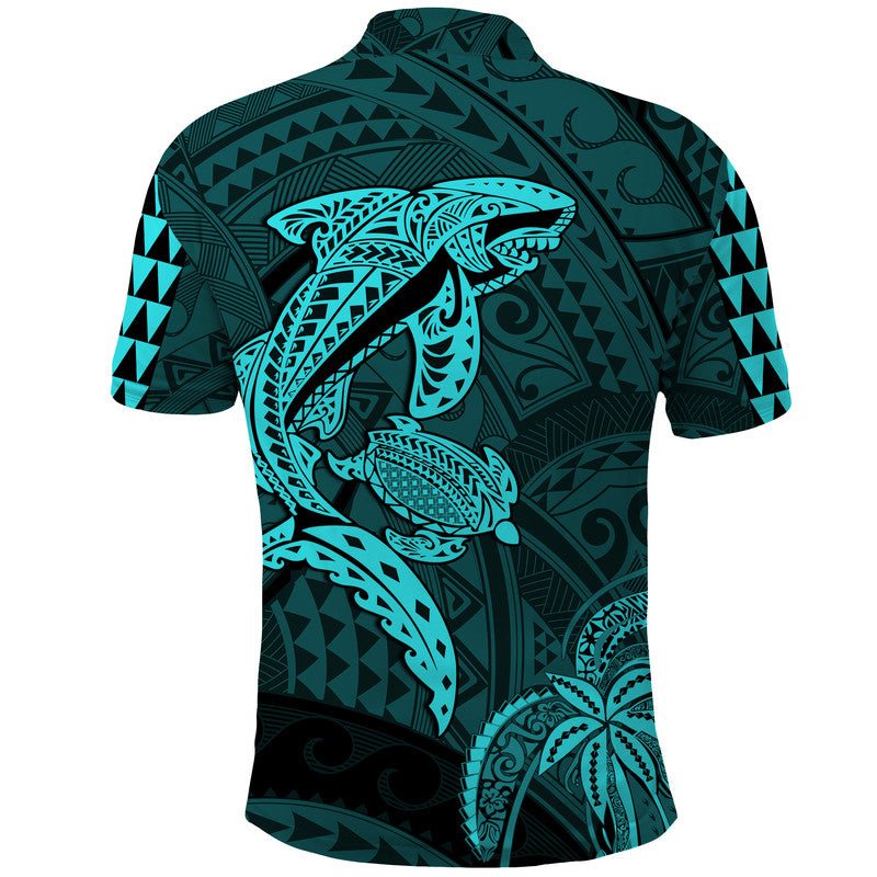 Hawaii Polo Shirt Shark and Turtle Mix Kakau Turquoise LT9 - Polynesian Pride