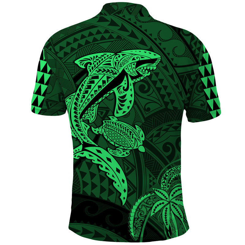 Hawaii Polo Shirt Shark and Turtle Mix Kakau Green LT9 - Polynesian Pride