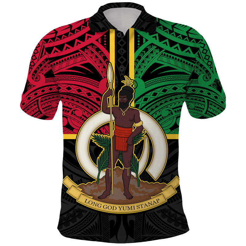 Custom Vanuatu Polo Shirt Tribal Vanuatu Coat Of Arms Flag Style No2 LT9 Black - Polynesian Pride