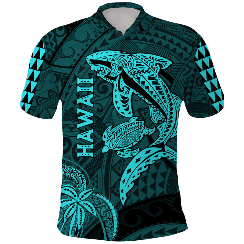 Hawaii Polo Shirt Shark and Turtle Mix Kakau Turquoise LT9 Turquoise - Polynesian Pride
