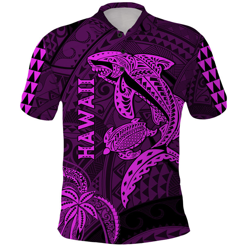 Hawaii Polo Shirt Shark and Turtle Mix Kakau Purple LT9 Purple - Polynesian Pride