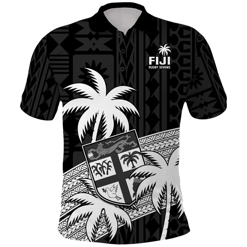 (Custom Text and Number) Fiji Rugby Sevens Polo Shirt Tapa Palm Tree and Fijian Coat of Arms LT9 Blue - Polynesian Pride