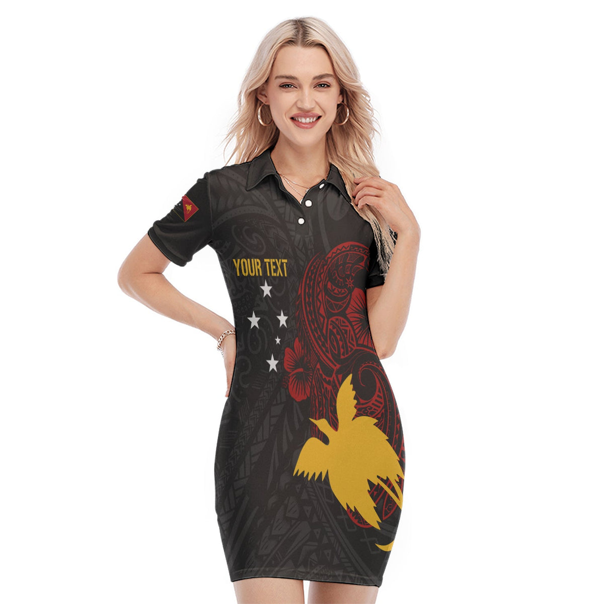 Personalised Papua New Guinea 49th Independence Polo Dress Tribal Turtle LT7 Black - Polynesian Pride