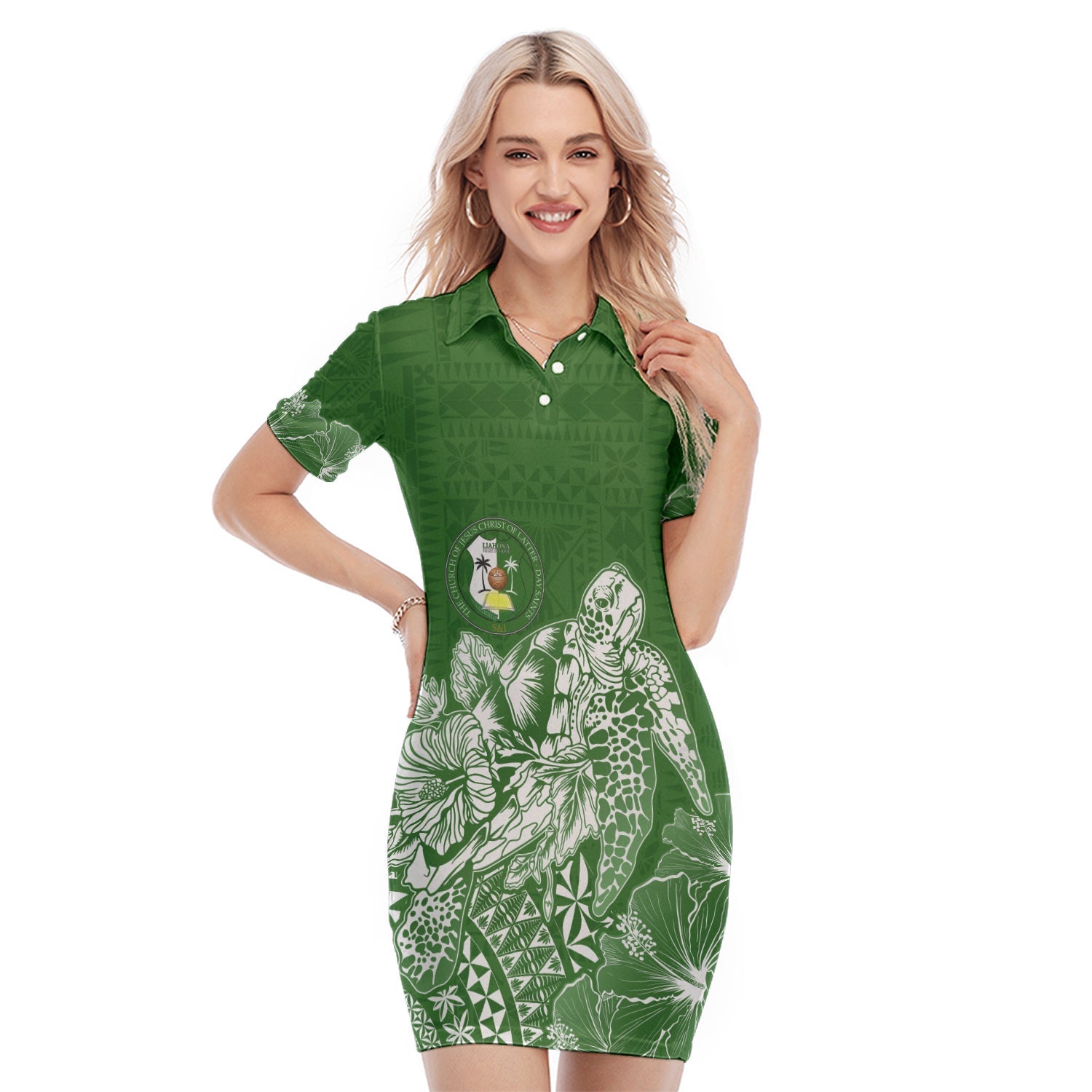 Liahona High School Tonga Polo Dress Kupesi Style - Ver02 LT7 Green - Polynesian Pride