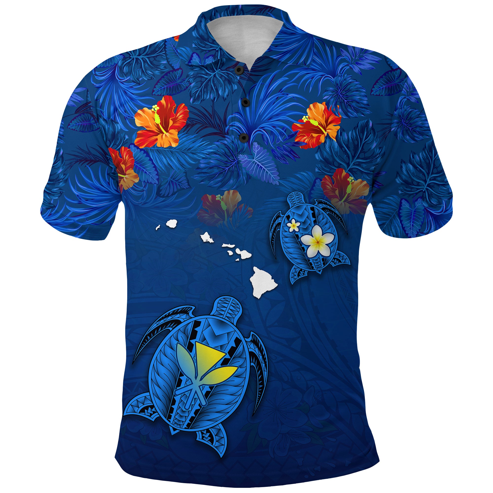 Hawaiian Islands Polo Shirt Hawaii Tropical Flowers and Turtles Blue LT13 Unisex Blue - Polynesian Pride