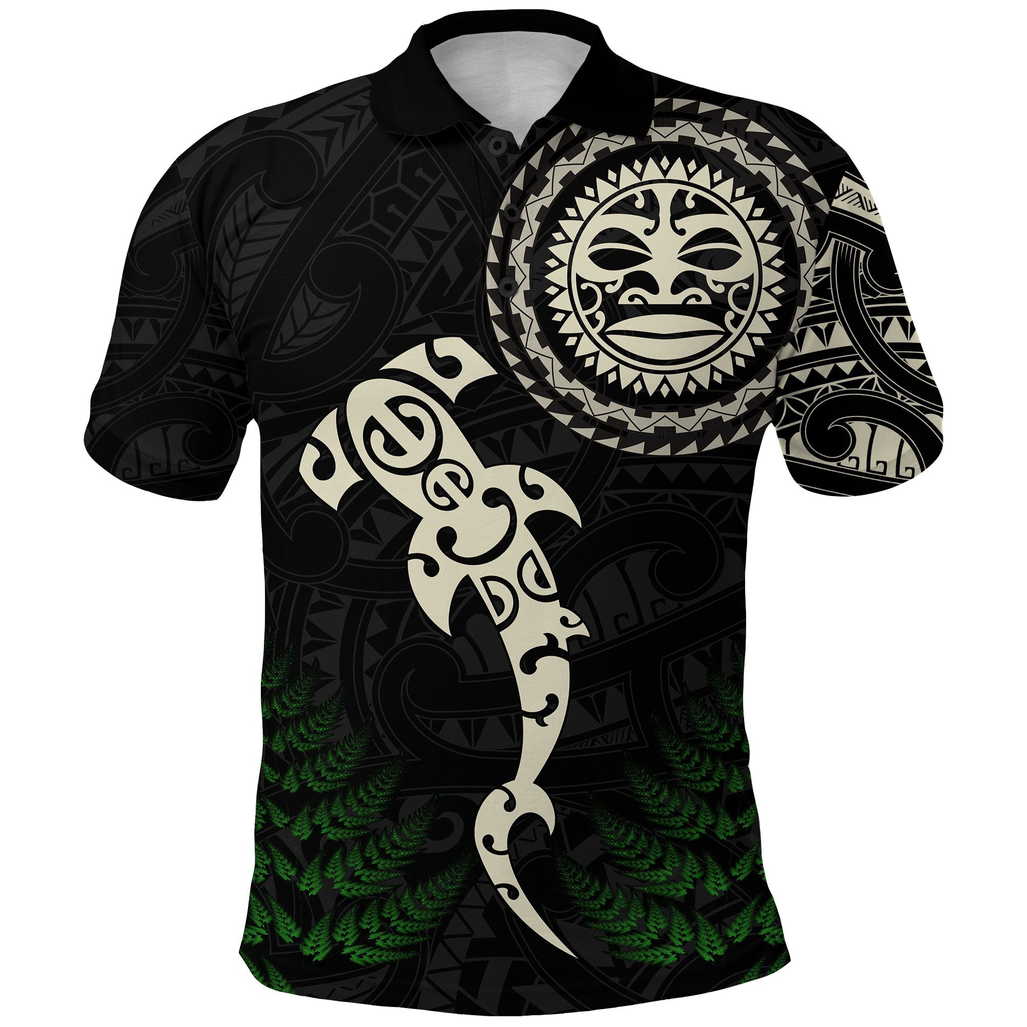 Aotearoa Fern Polo Shirt Maori Manaia and Fish LT13 Unisex Black - Polynesian Pride