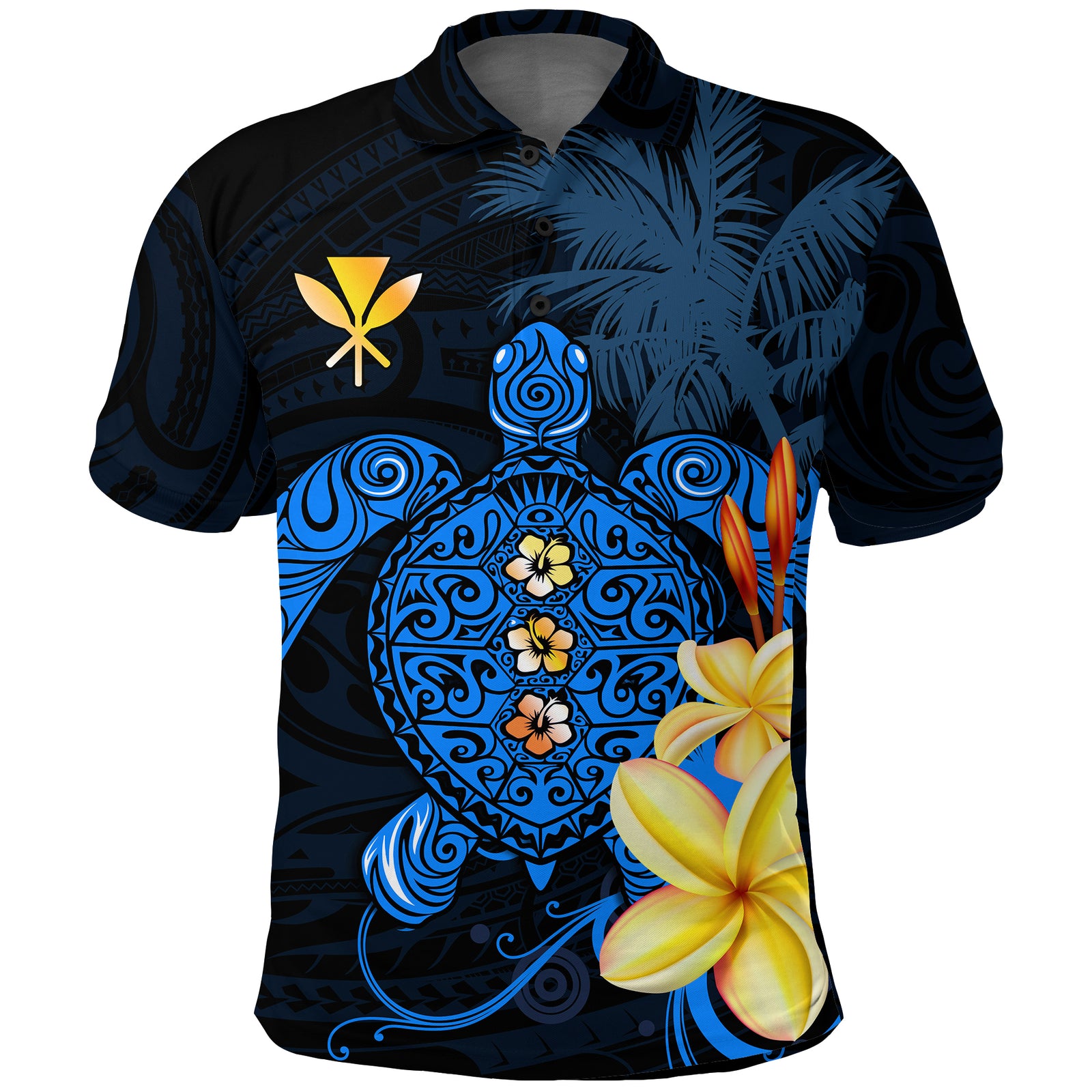 Hawaii Turtle Polo Shirt Hawaiian Flowers Version Blue Elegant LT13 Unisex Blue - Polynesian Pride