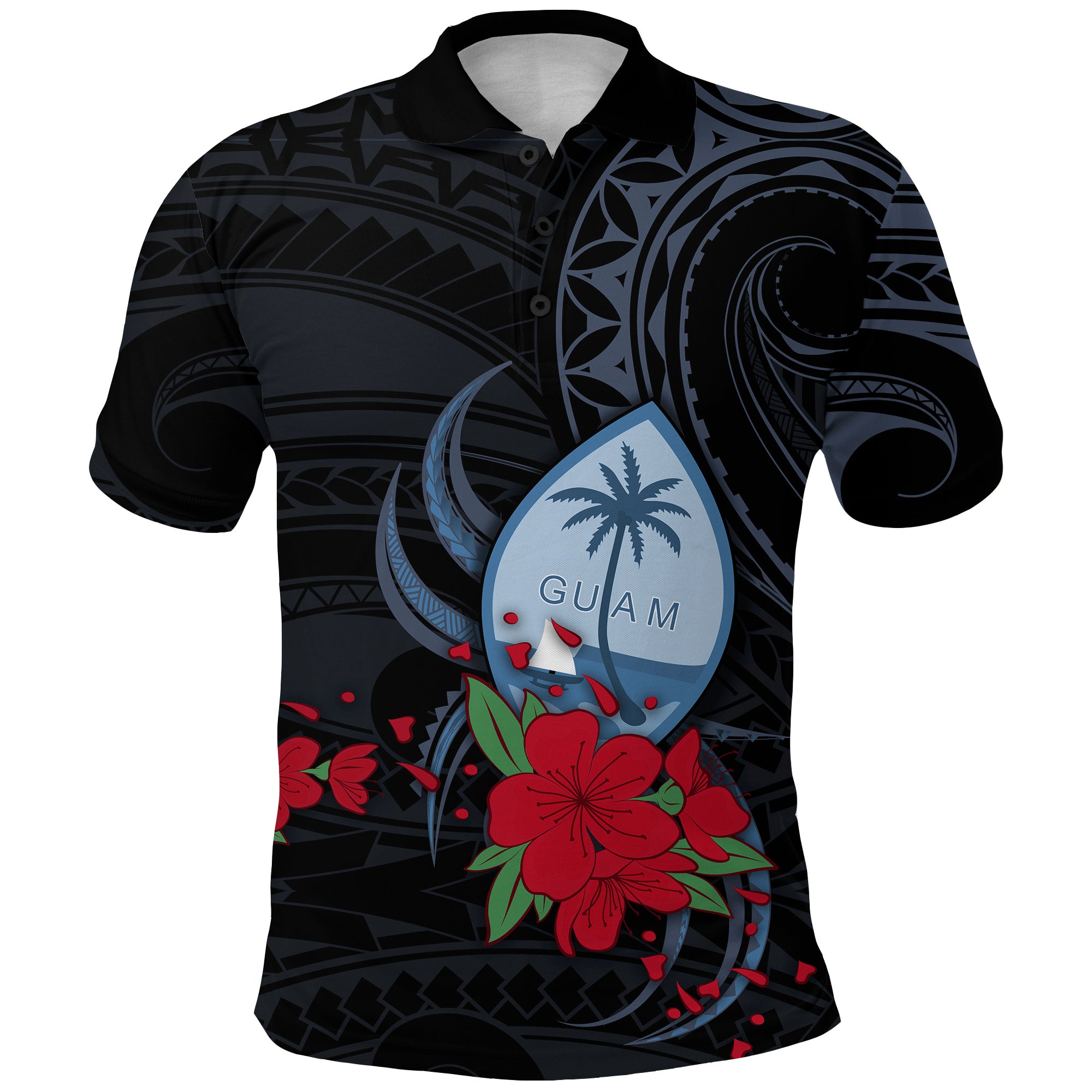 Guam Polo Shirt Polynesian Flowers Version Black LT13 Unisex Black - Polynesian Pride