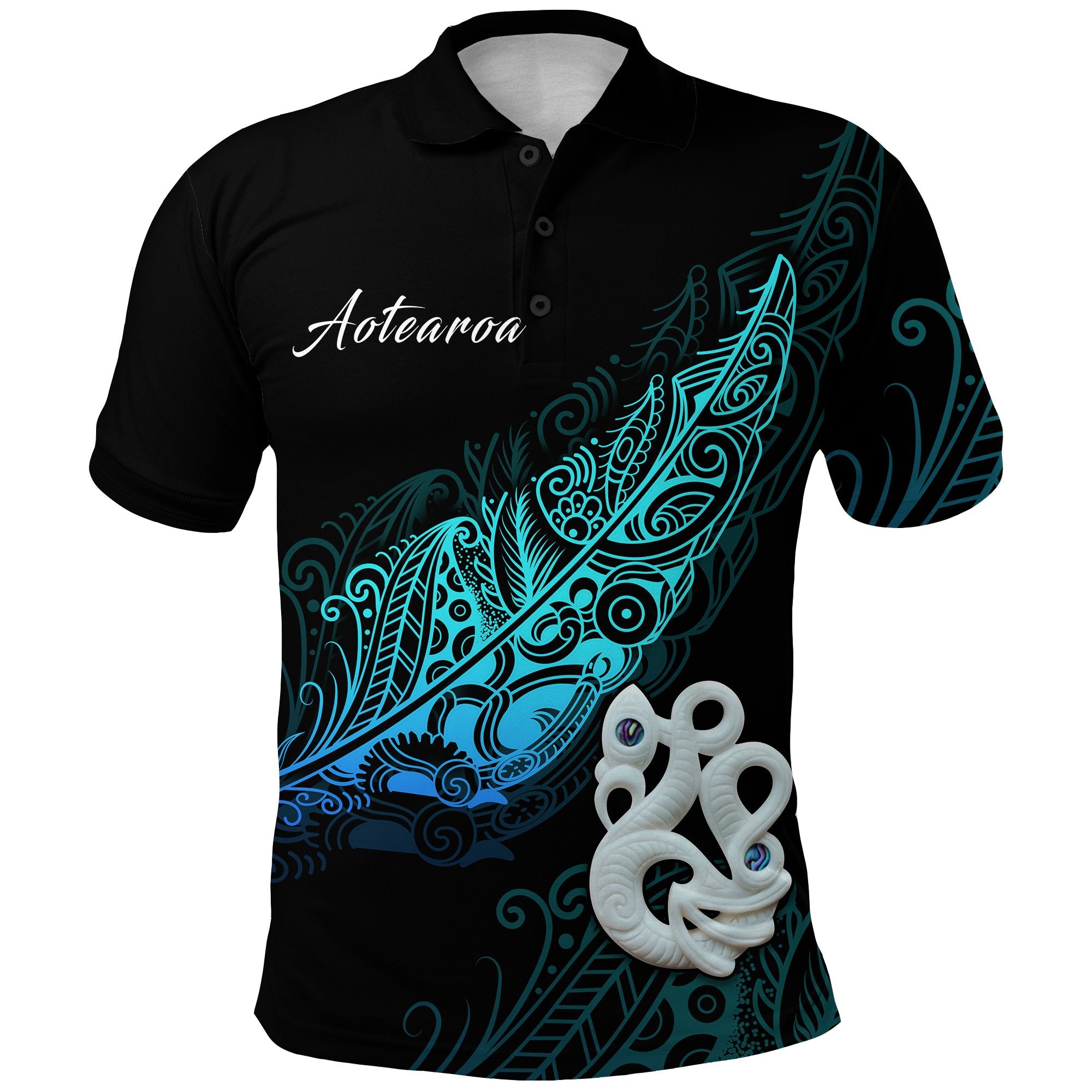 Aotearoa Polo Shirt Fern Mix Manaia Matau LT13 Unisex Blue - Polynesian Pride