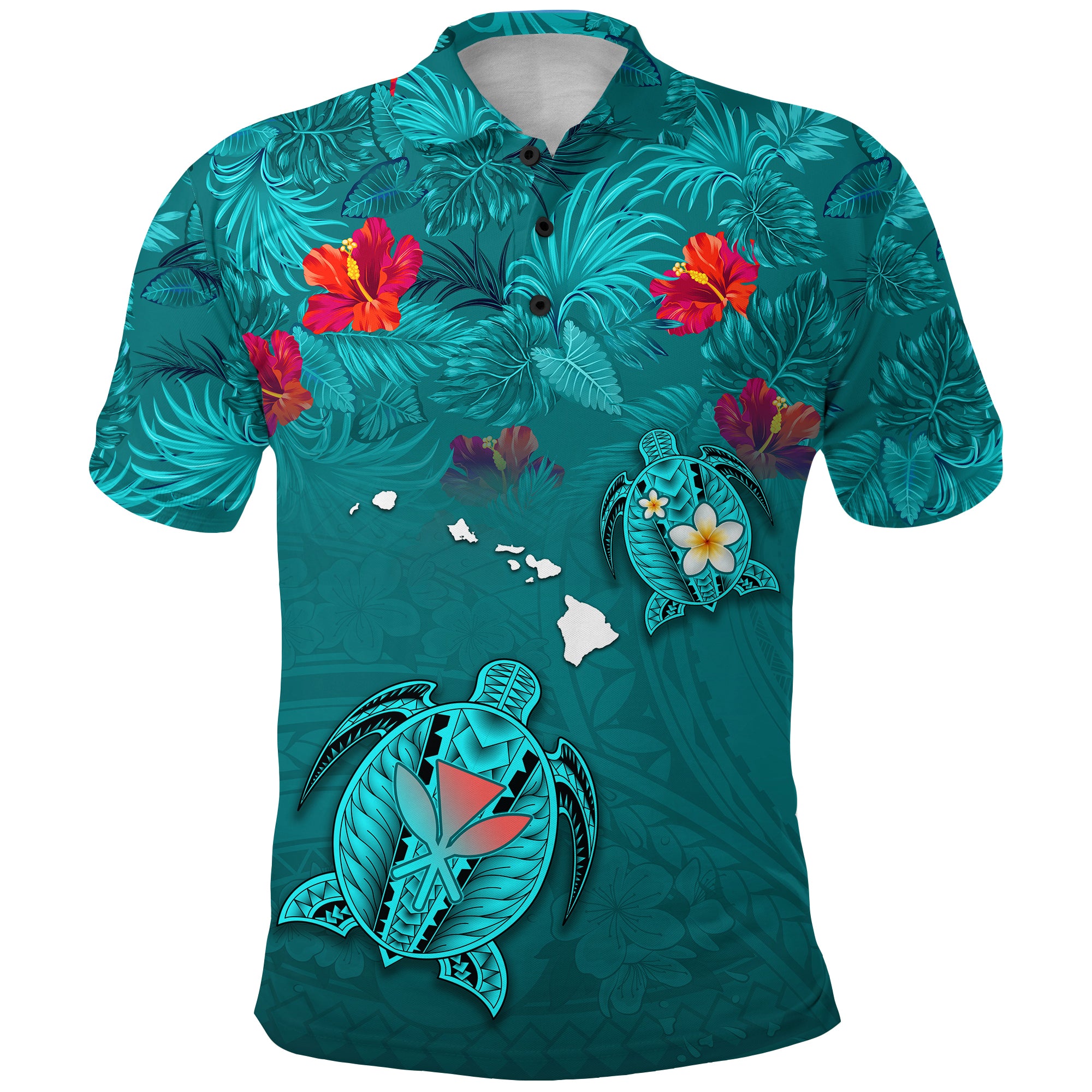 Hawaiian Islands Polo Shirt Hawaii Tropical Flowers and Turtles Turquoise LT13 Unisex Turquoise - Polynesian Pride