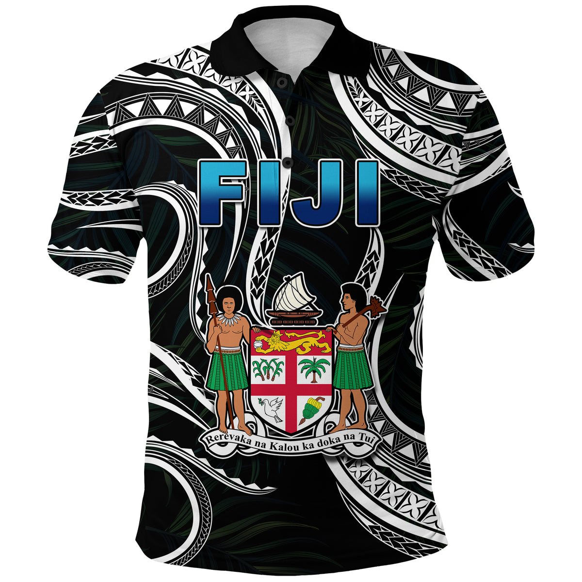 Fiji Coat of Arms Polo Shirt Polynesian mix Coconut Pattern LT13 Unisex Black - Polynesian Pride