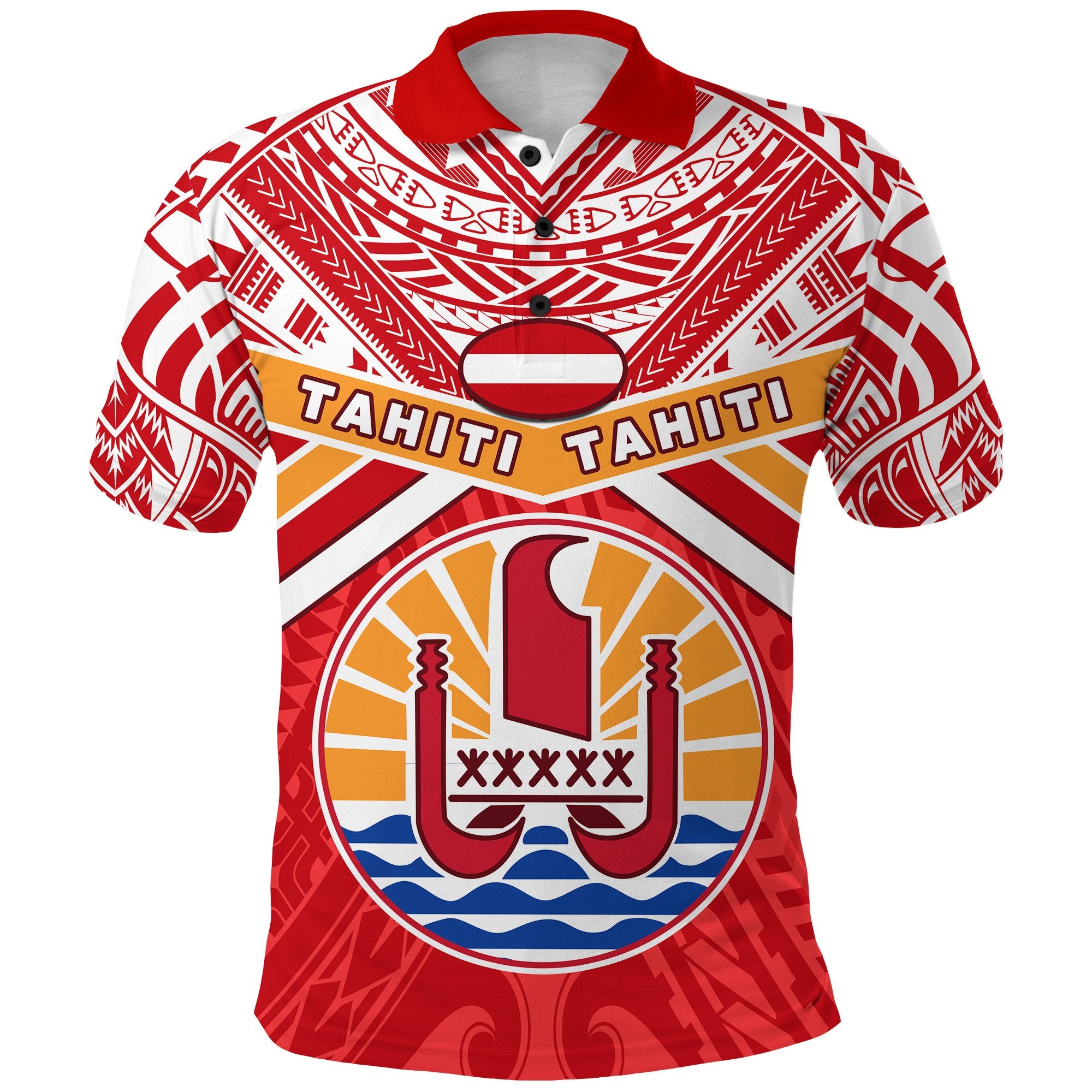 Tahiti Rugby Polo Shirt Polynesian Coat Of Arms and Flag Unisex Red - Polynesian Pride