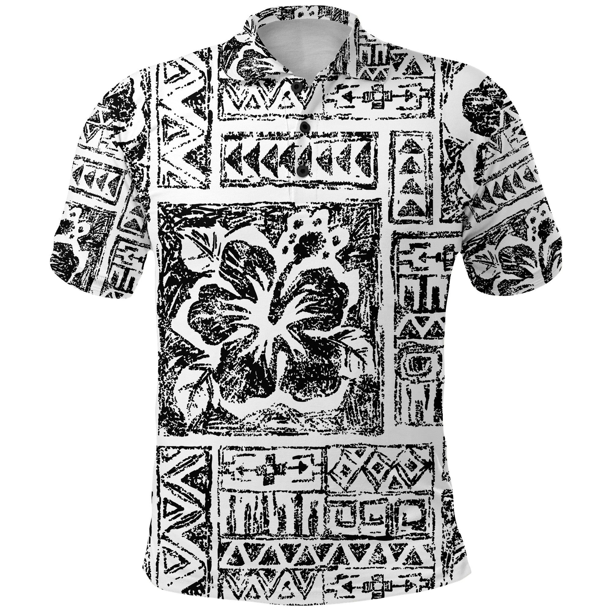 Fiji Tribal Black Polo Shirt Triple Hibiscus Tapa Style LT9 White - Polynesian Pride