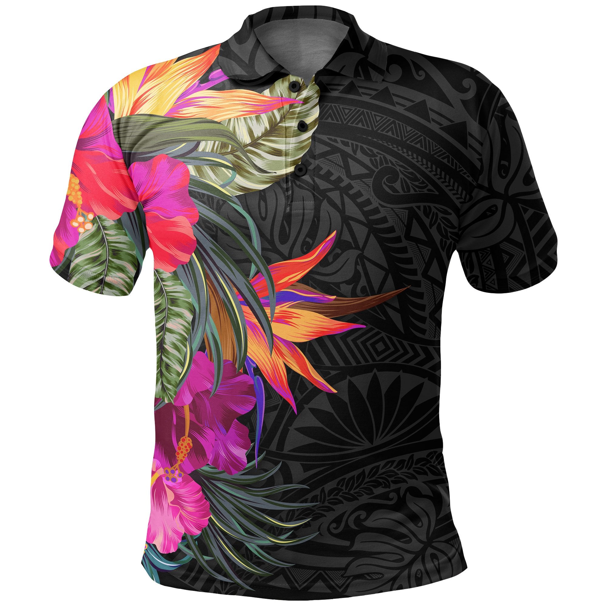 Polynesian Polo Shirt Hibiscus Pattern Unisex Black - Polynesian Pride