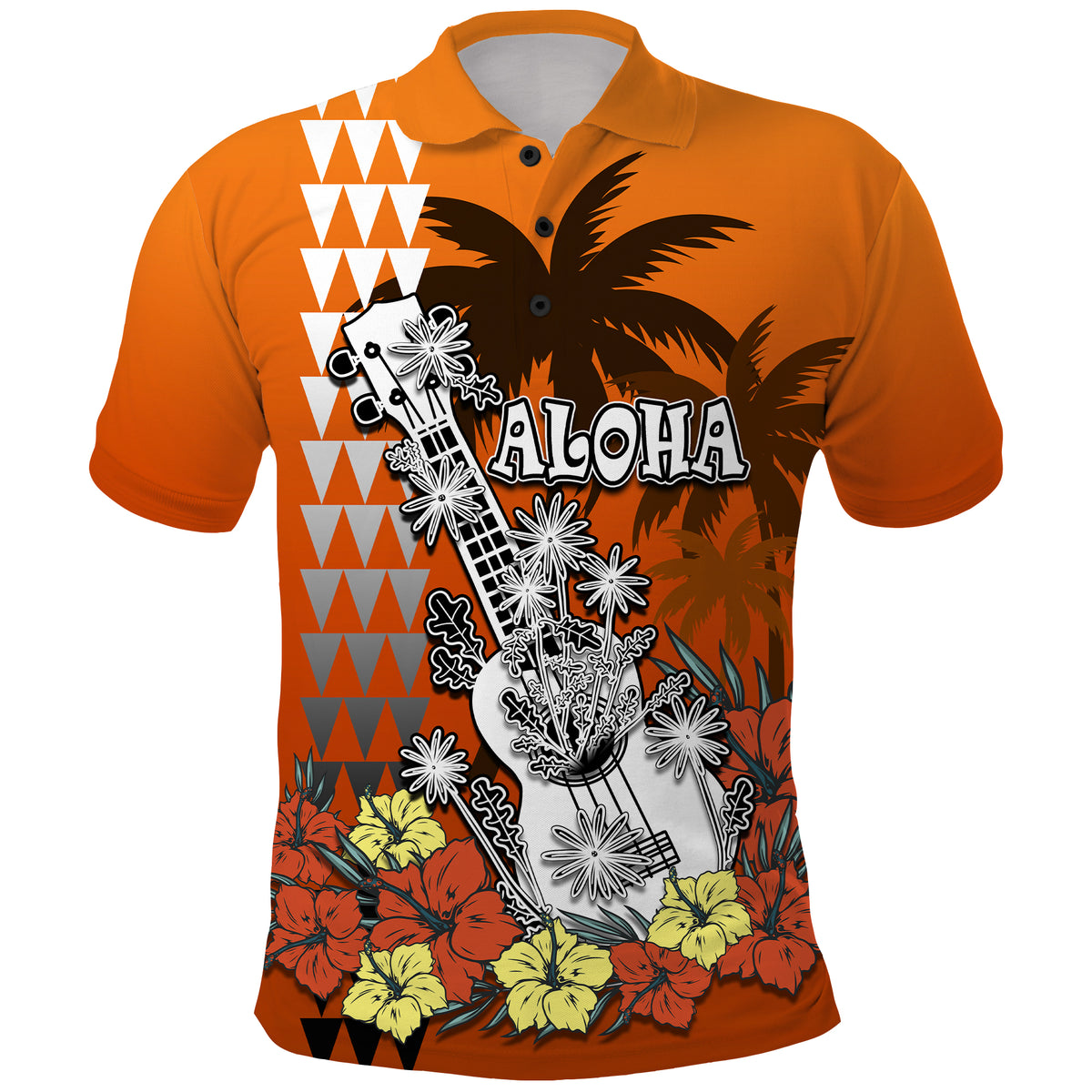 Hawaii Ukulele Mix Hibiscus and Palm Tree Polo Shirt Aloha Vintage Orange Version LT9 Black - Polynesian Pride