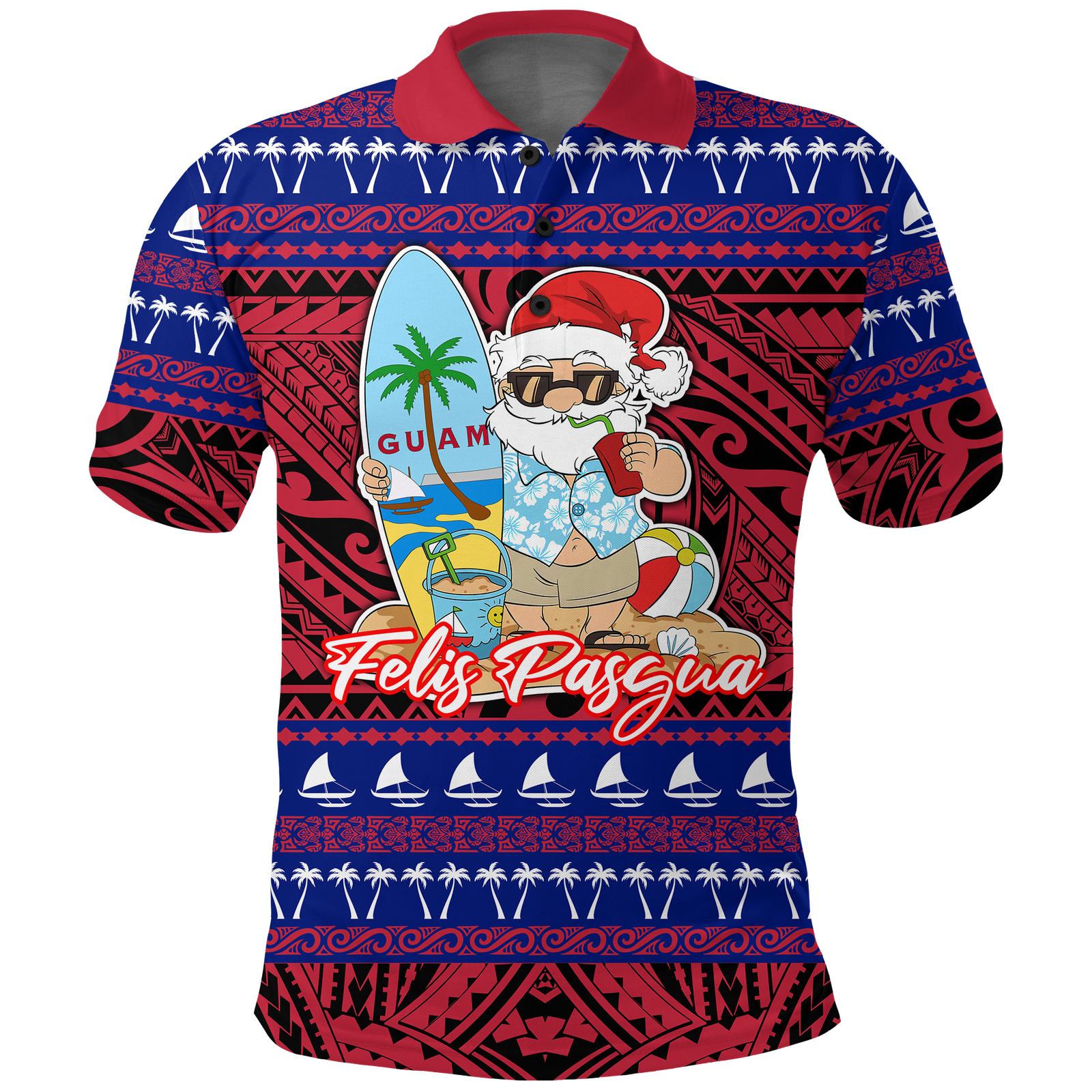Guam Christmas Felis Pasgua Santas Guam Surf Board Polo Shirt LT2 RED - Polynesian Pride