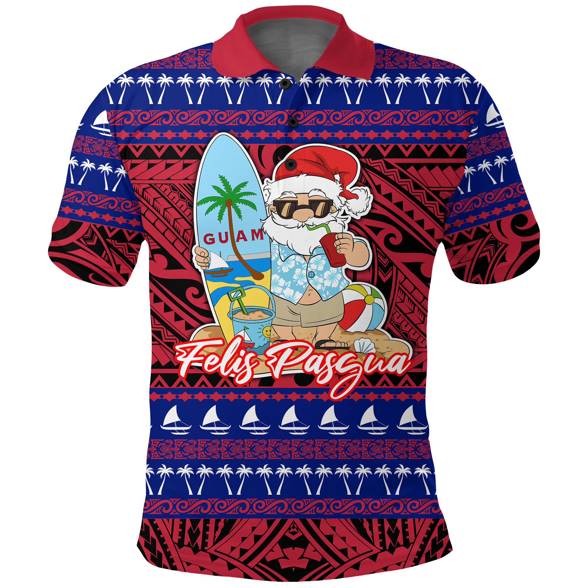 Guam Christmas Felis Pasgua Santas Guam Surf Board Polo Shirt LT2 RED - Polynesian Pride