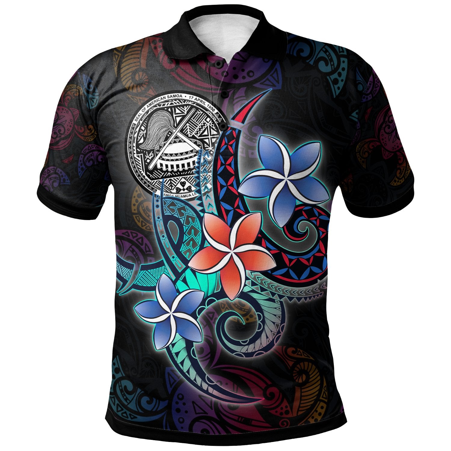 American Samoa Polo Shirt Plumeria Flowers Style Unisex Black - Polynesian Pride