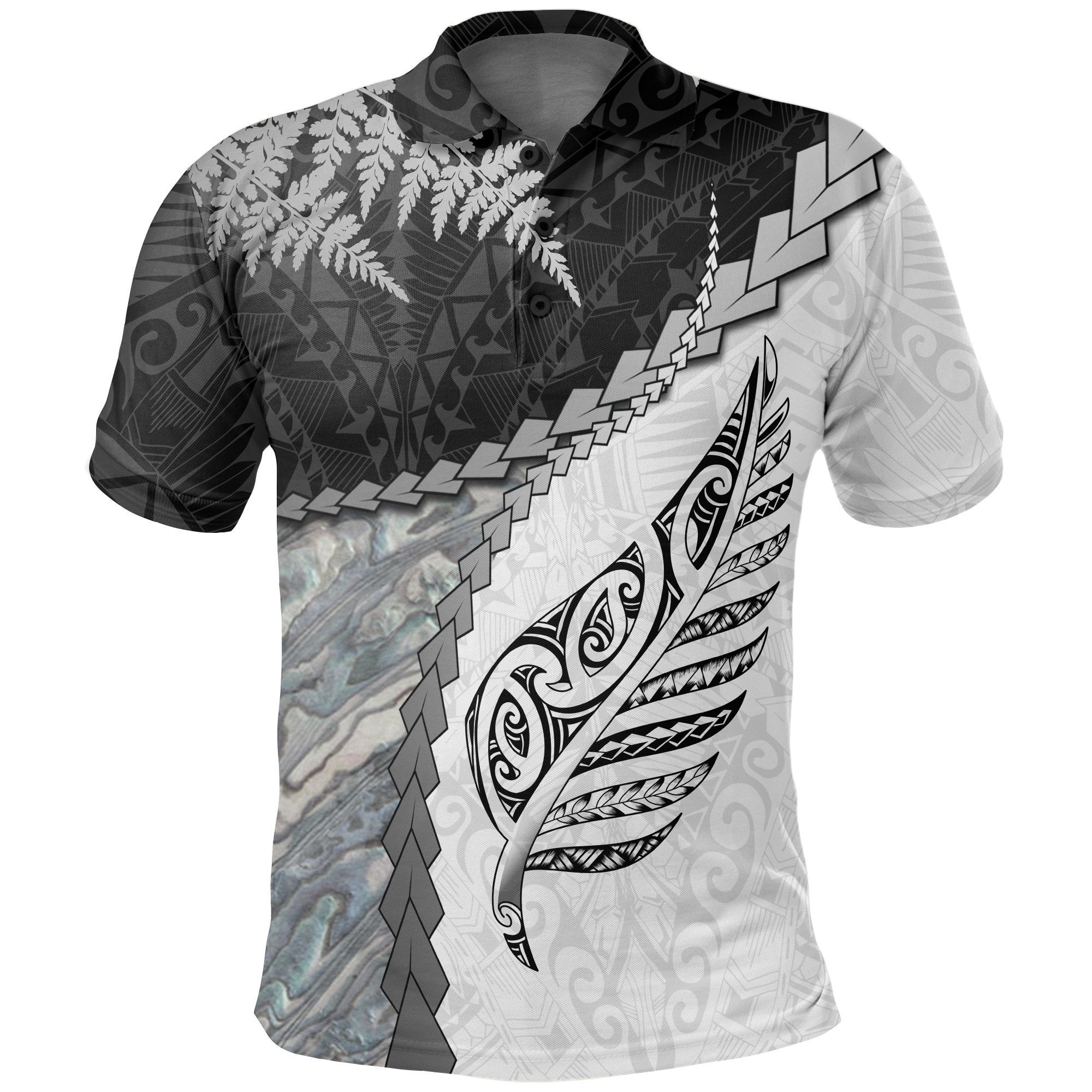 New Zealand Paua Shell Maori Silver Fern Polo Shirt White Black - Polynesian Pride