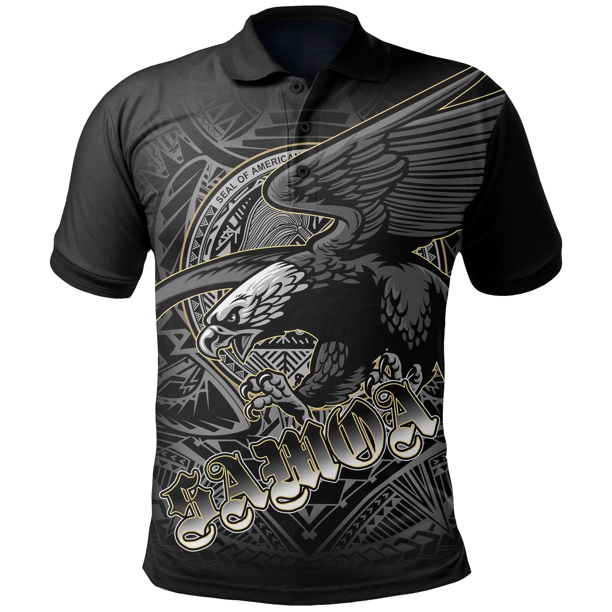 American Samoa Eagle All Over Polo Shirt American Samoa Seal Unisex Black - Polynesian Pride