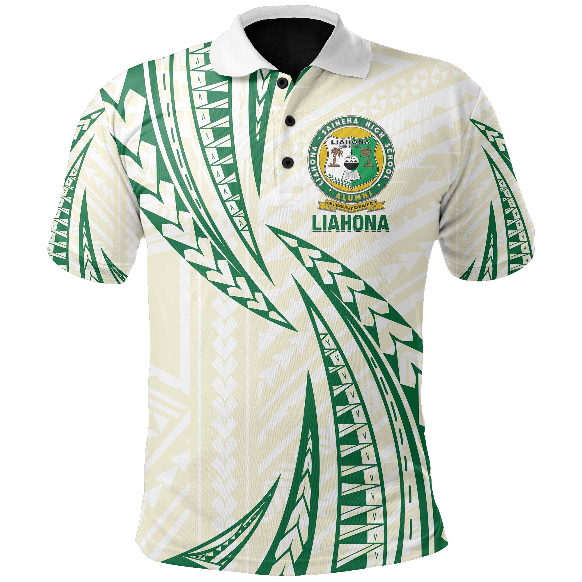 Liahona High School Polo Shirt White Unisex Green - Polynesian Pride