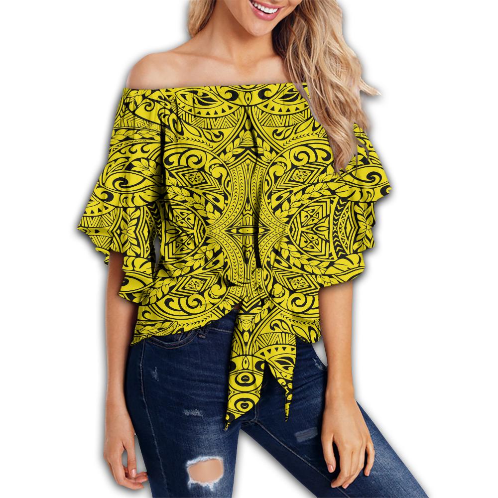 Polynesian Culture Yellow Hawaii Women's Off Shoulder Wrap Waist Top Yellow Female - Polynesian Pride