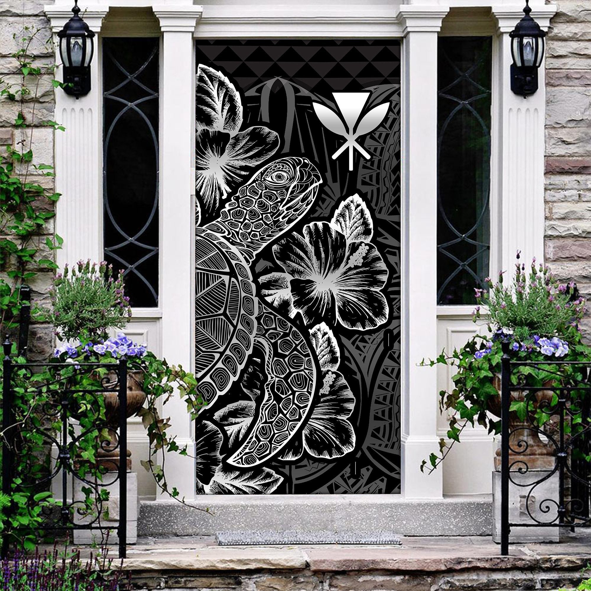 Polynesian Hawaii Door Cover Turtle Hibiscus Black - Polynesian Pride