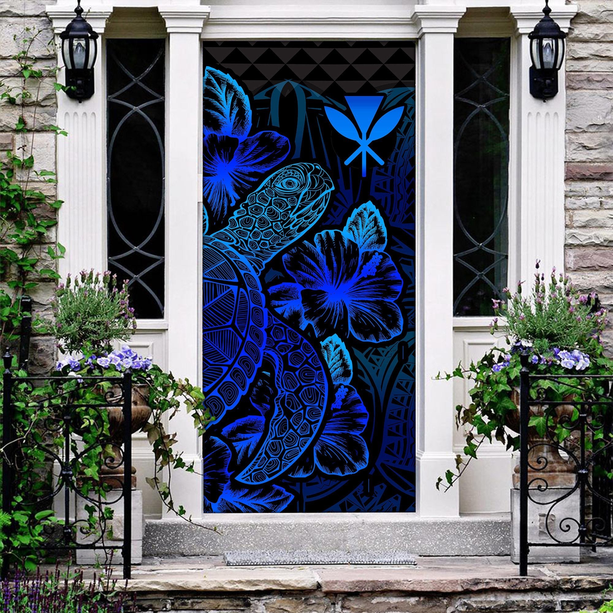 Polynesian Hawaii Door Cover Turtle Hibiscus Blue - Polynesian Pride