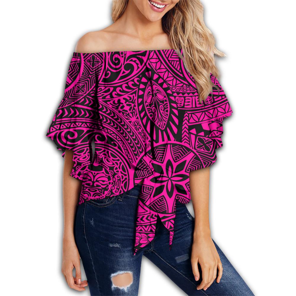 Polynesian Hawaiian Style Tribal Tattoo Pink Hawaii Women's Off Shoulder Wrap Waist Top Pink Female - Polynesian Pride